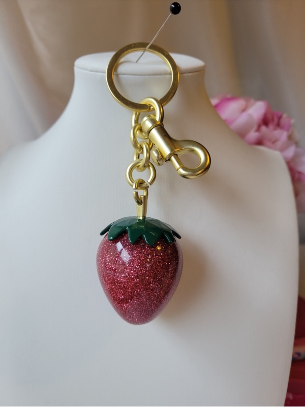 Gold Keyring with Glitter Pink Strawberry Charm